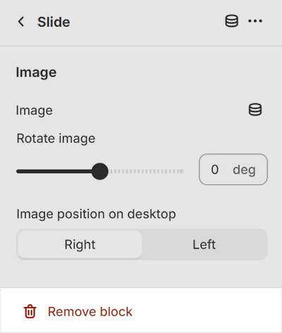 The option to remove an Image with text slideshow block from an Image with text slideshow section in Theme editor.