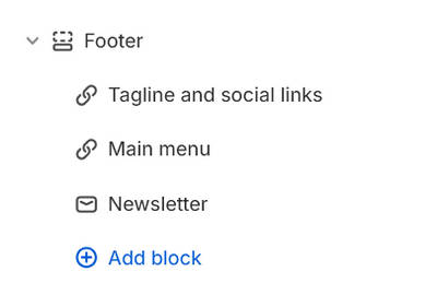 The Footer's Add block menu in Theme editor.