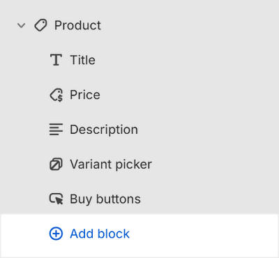 The Product section's Add block menu in Theme editor.