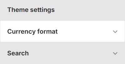 Theme editor's Currency format Theme settings menu.