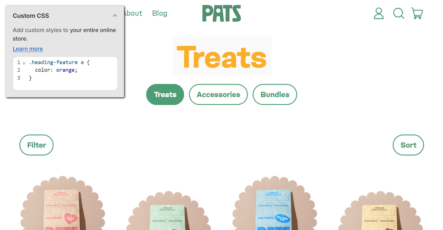 An example store's home page with the Theme settings's Custom CSS menu in Theme editor.