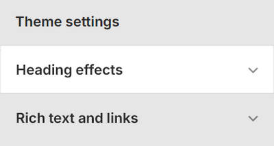 Theme editor's Heading effects Theme settings menu.