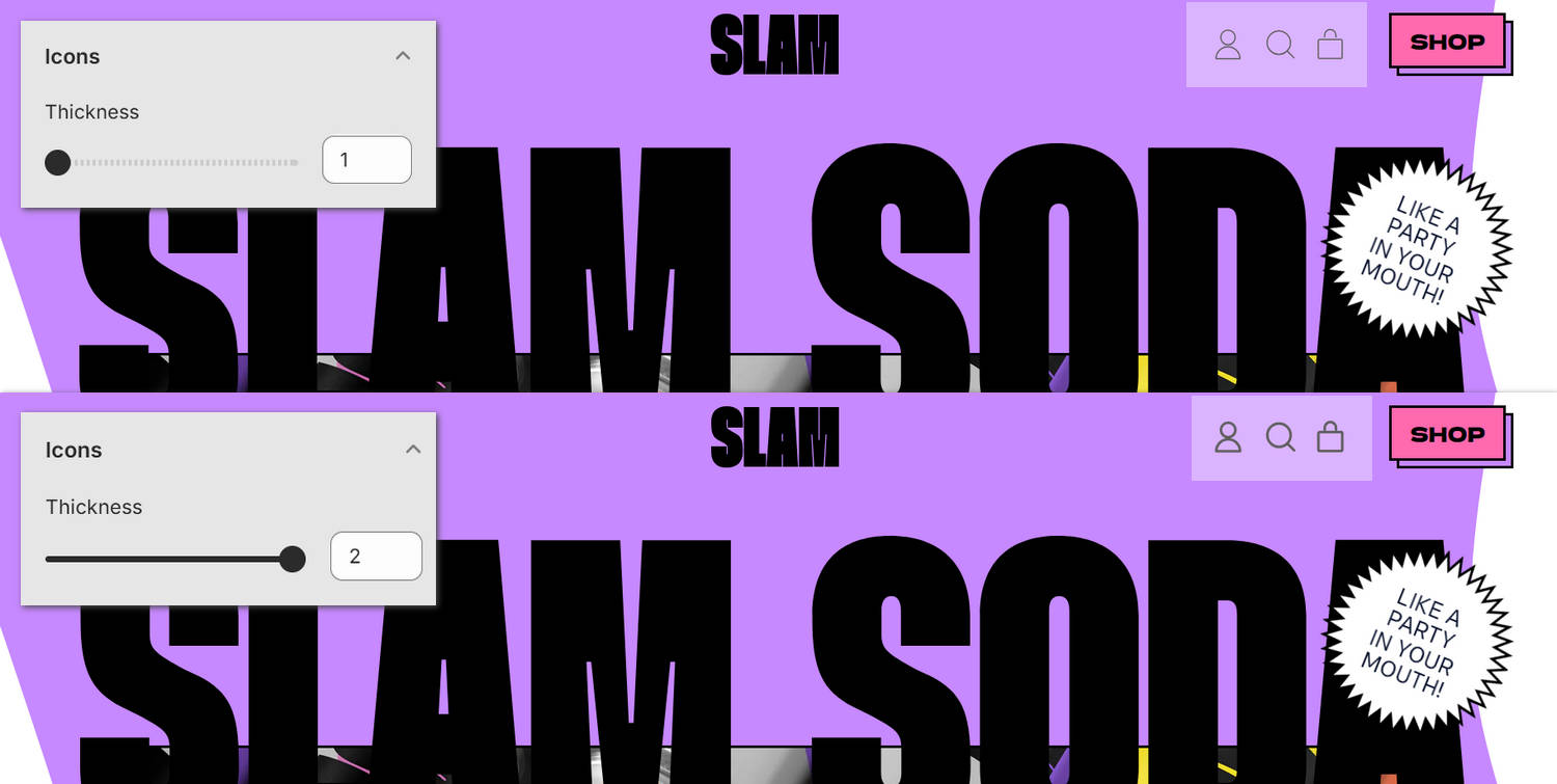A section on a store's home page with the Icons menu open in Theme setting.