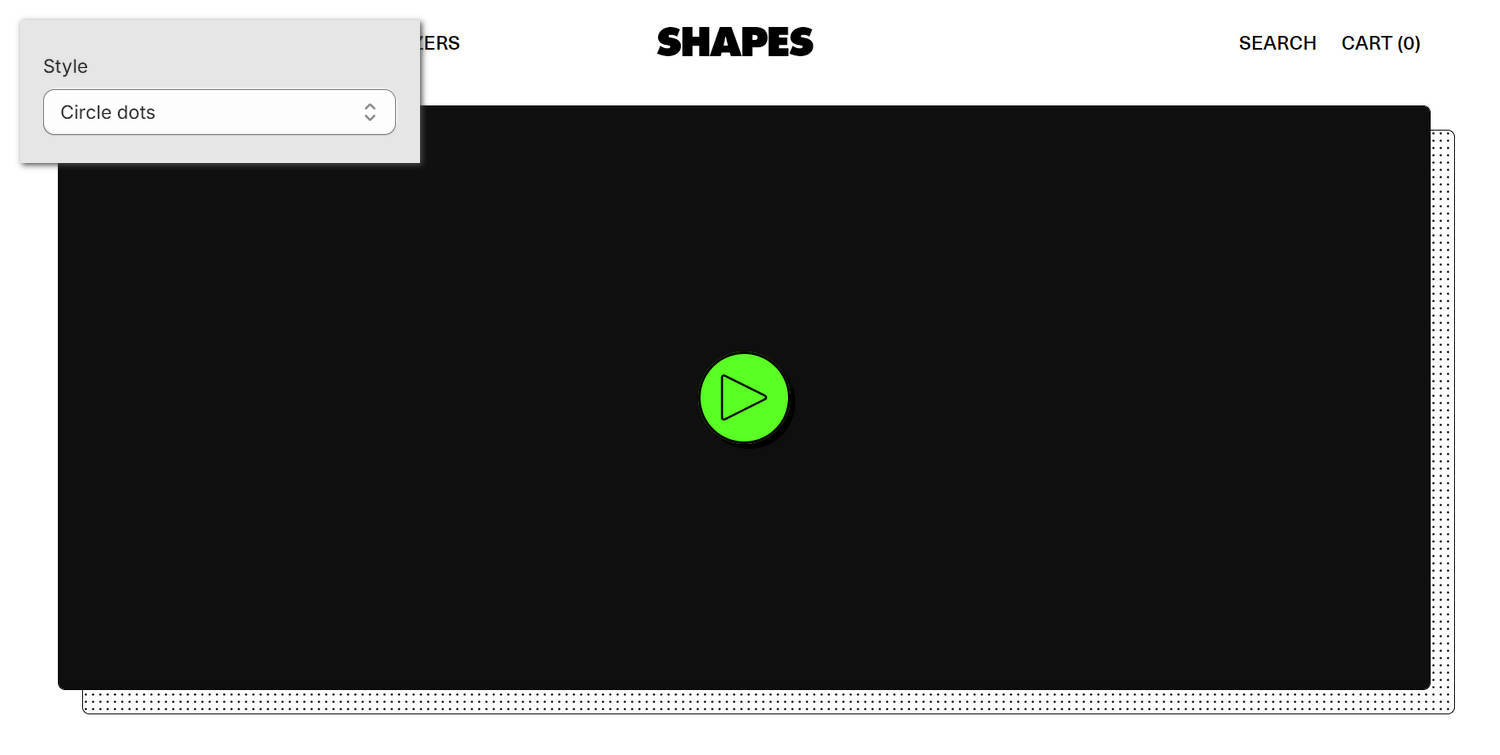 A video section on a store's homepage with the media menu in Theme setting, set to display a dotted circular shadow effect around the section.