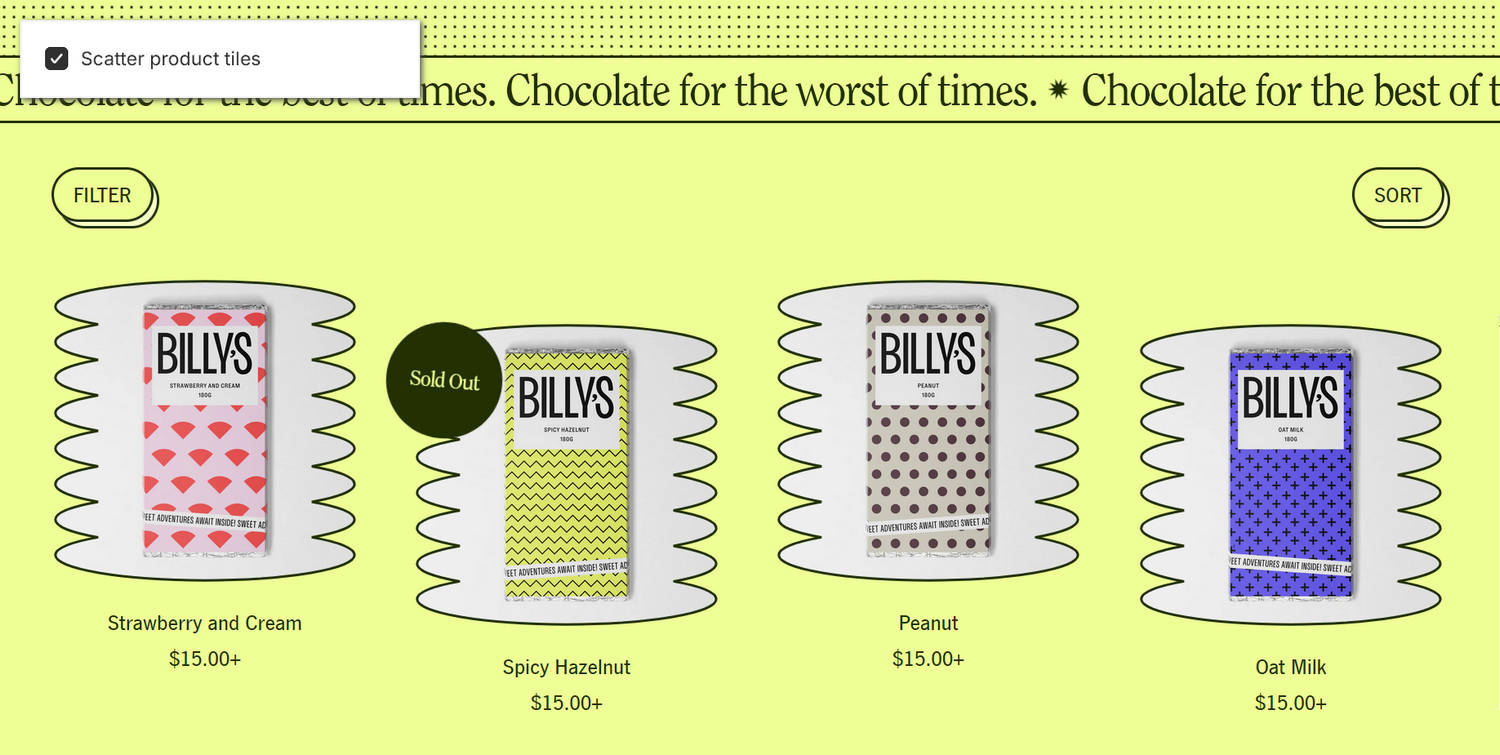 A section on a store's home page with the product tiles menu in Theme settings.
