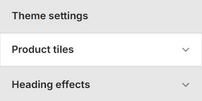 Theme editor's Product tiles Theme settings menu.
