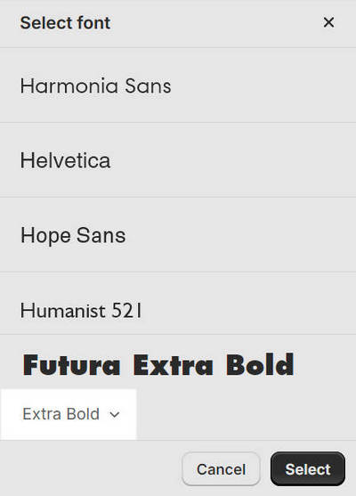 The font picker's font styles dropdown in Theme setting's Typography menu