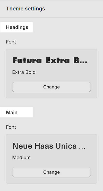 Examples of types of text with font pickers in the Font area of Theme setting's Typography menu