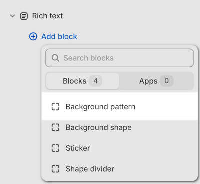 A Background pattern block added to a Rich text section in Theme editor.