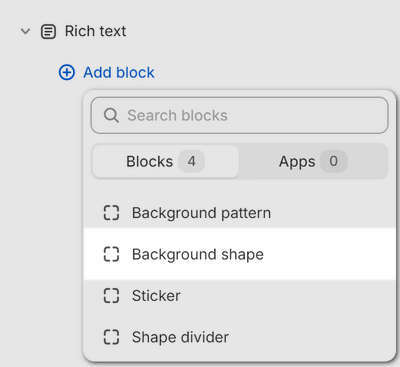 A Background shape block added to a Rich text section in Theme editor.