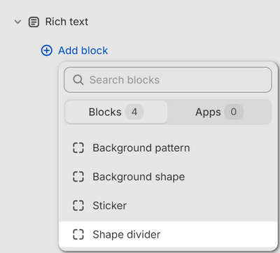 A Shape divider block added to a Rich text section in Theme editor.