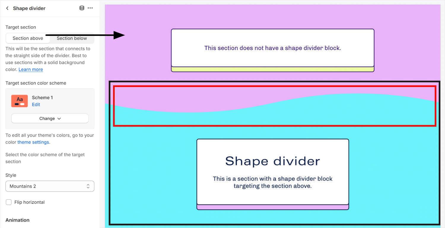 An example of a Shape divider targeting the section above the block.