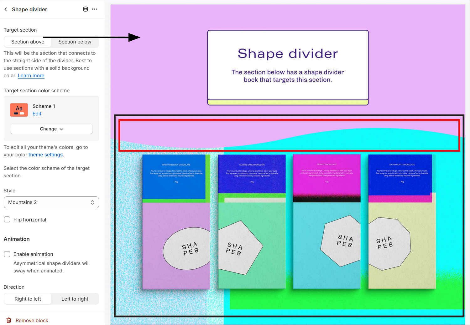 A second example of a Shape divider targeting the section above the block.