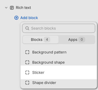 A Sticker block added to a Rich text section in Theme editor.