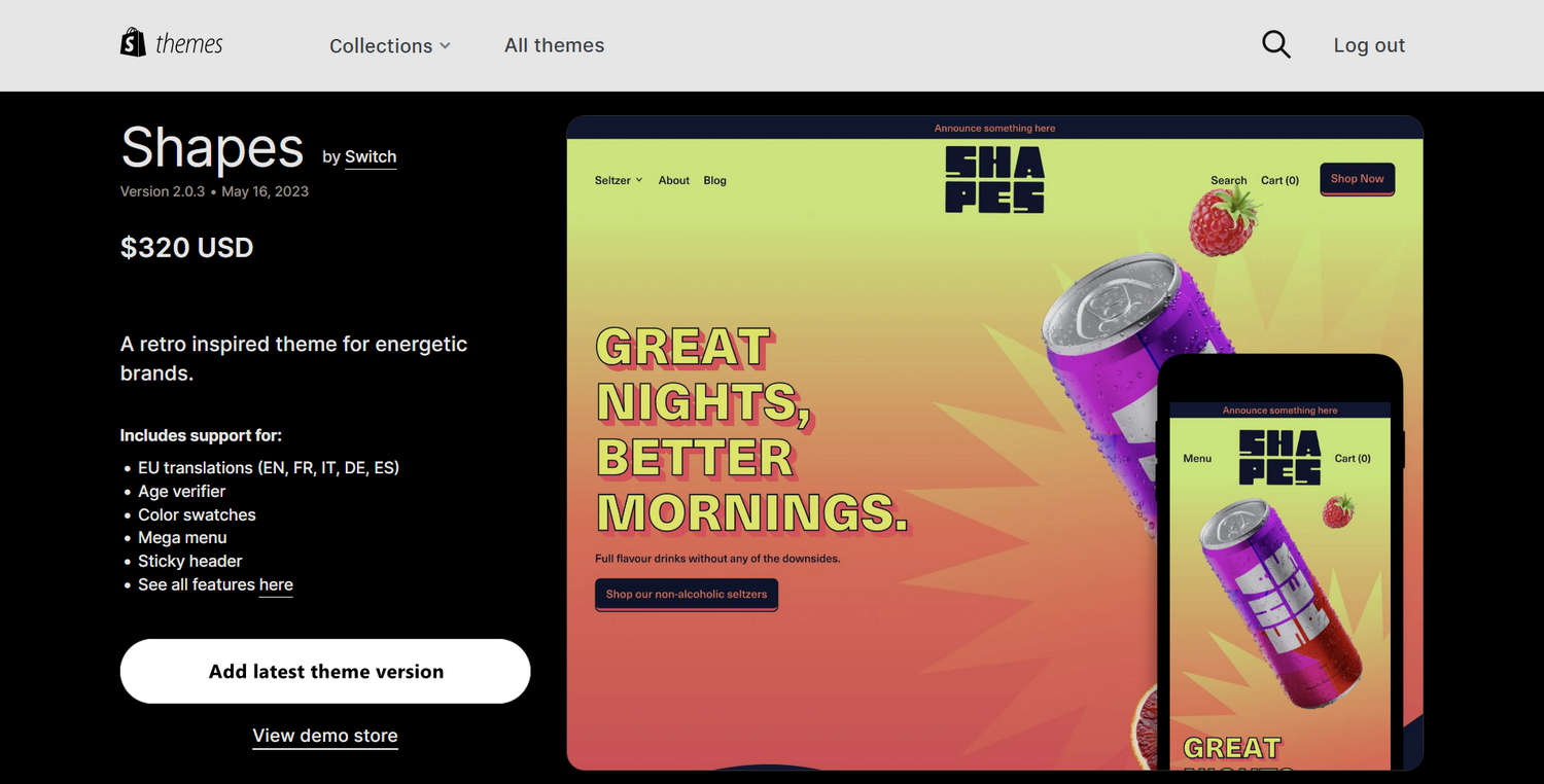 Screenshot of the Shapes theme on the Shopify Theme Store with an Add to theme library button.
