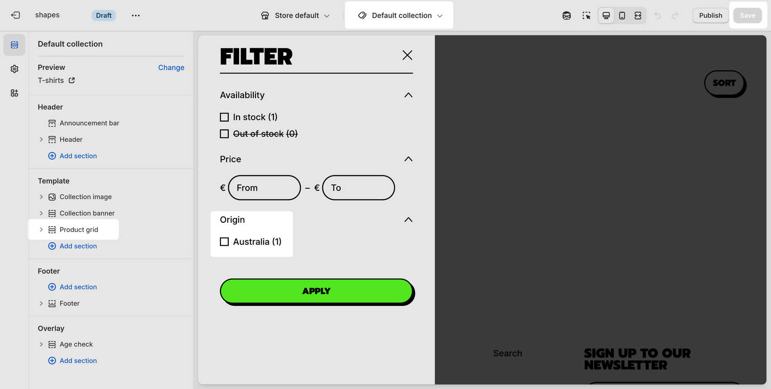 A Default collection page with the custom Origin product filter option in Theme editor.