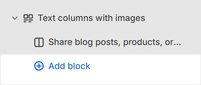 The Text columns with images' Add block menu in Theme editor.