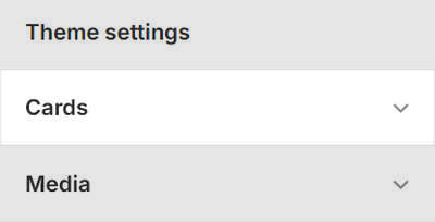 Theme editor's Cards Theme settings menu.