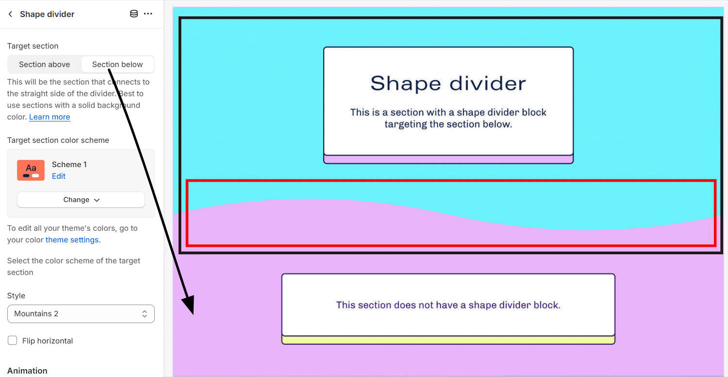 An example of a Shape divider targeting the section below the block.